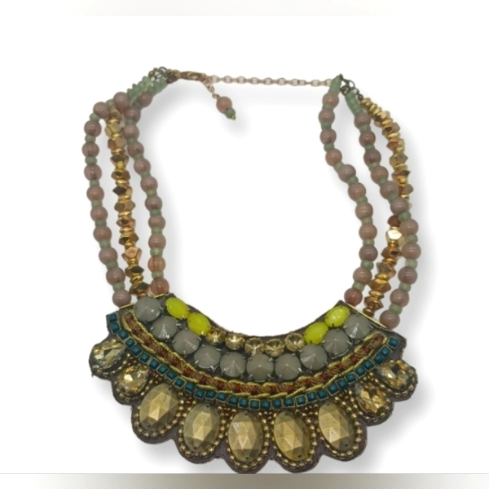 Chico’s Logan Bib Necklace Boho Green Gold Tone New